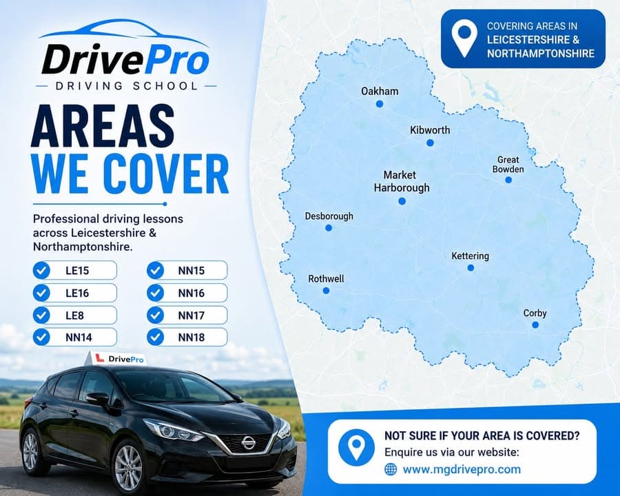 Map of DrivePro Midlands driving lesson coverage across Leicestershire and Northamptonshire including Market Harborough, Corby, Kettering and surrounding LE and NN postcodes