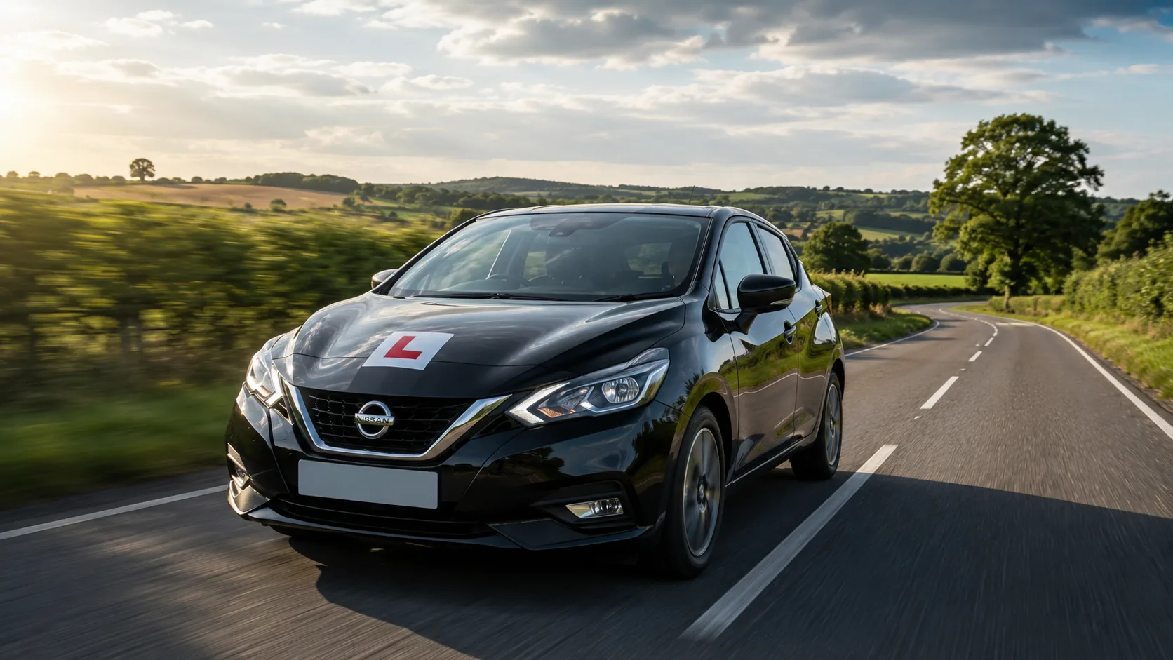 Learner car with L-plates on a countryside road during a DrivePro Midlands intensive driving course in Leicestershire and Northamptonshire