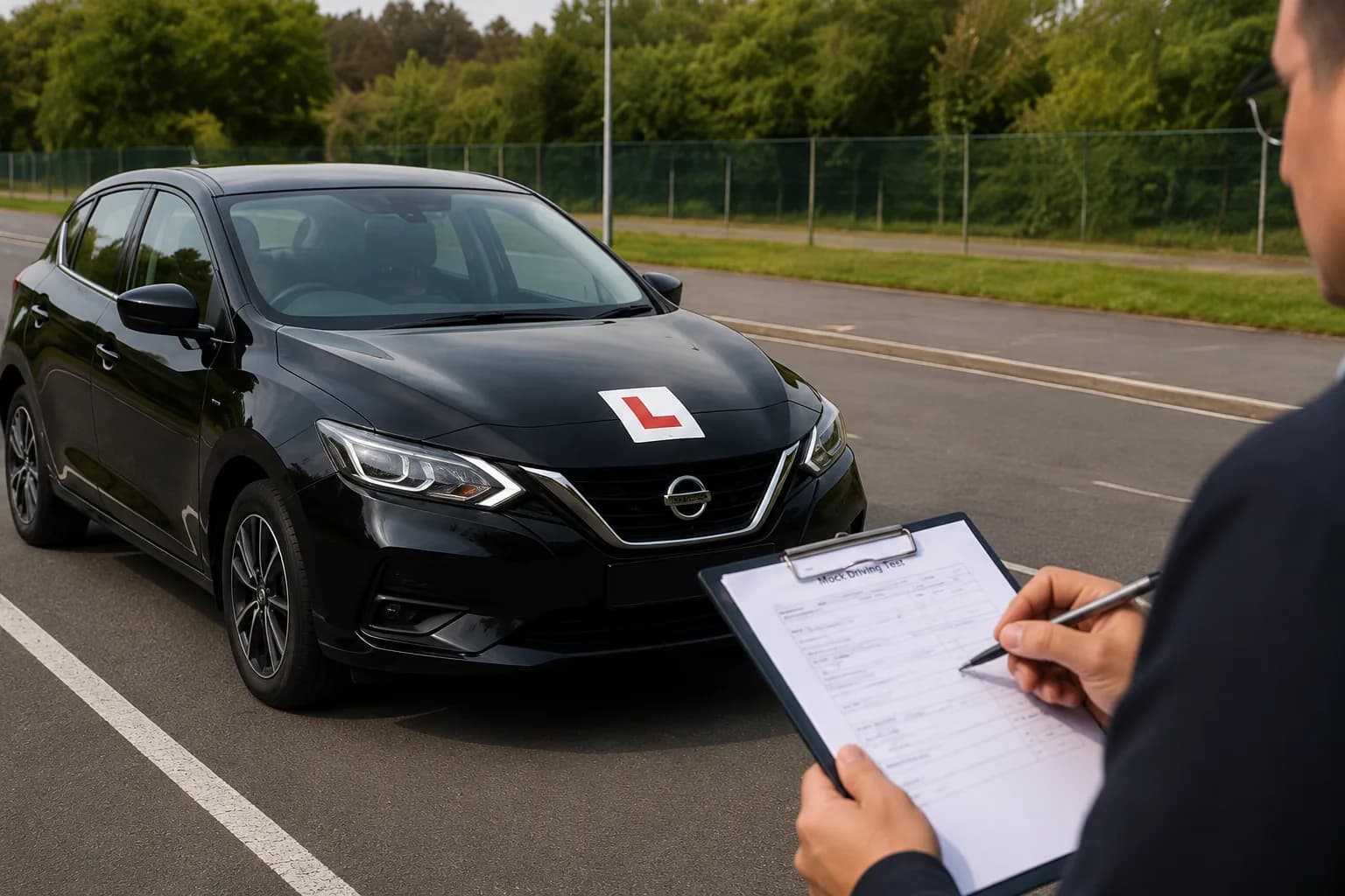 Mock driving test assessment clipboard beside a DrivePro Midlands learner car with L-plates before a DVSA practical test