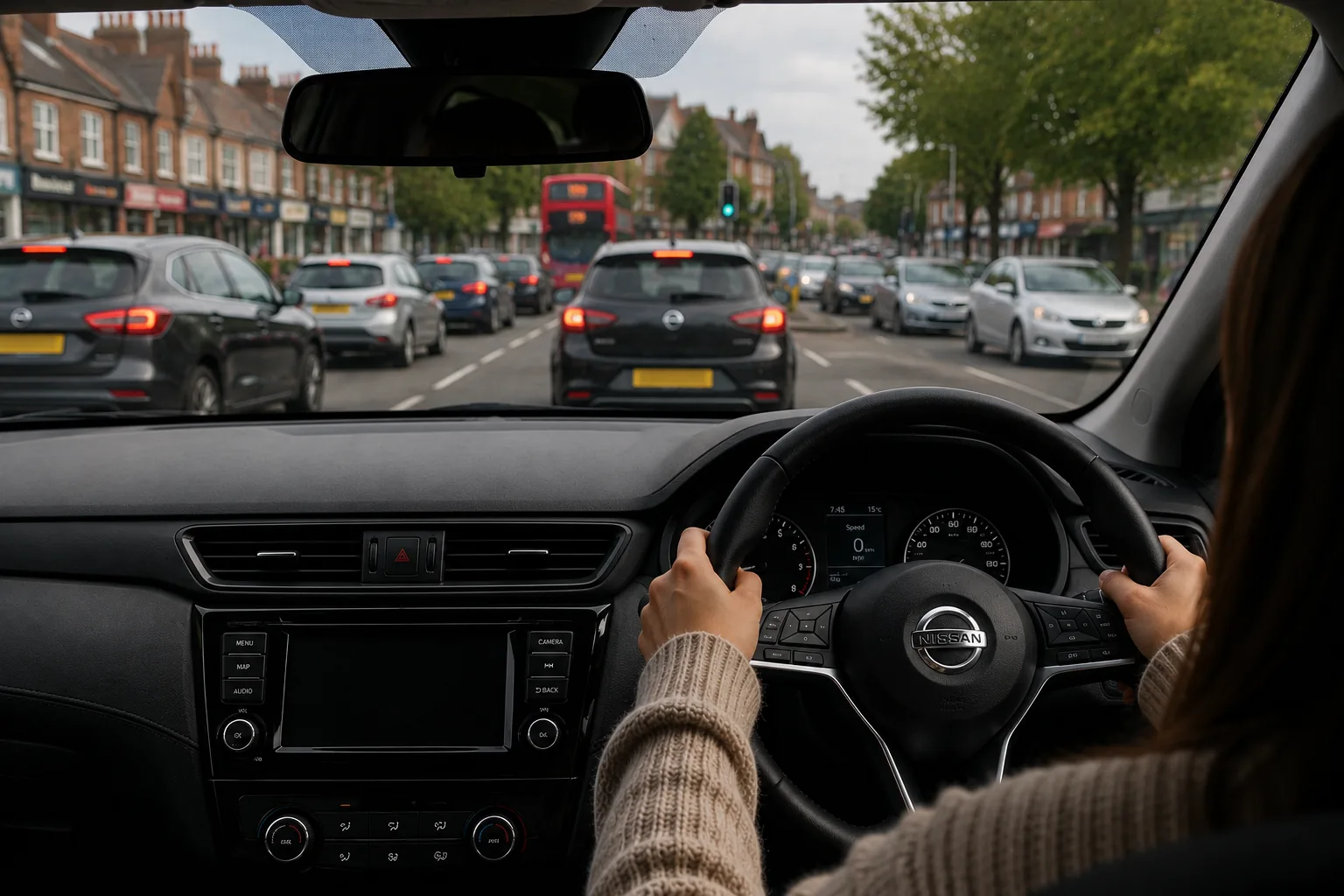 View from the driver's seat in busy traffic during a calm DrivePro Midlands nervous driver lesson