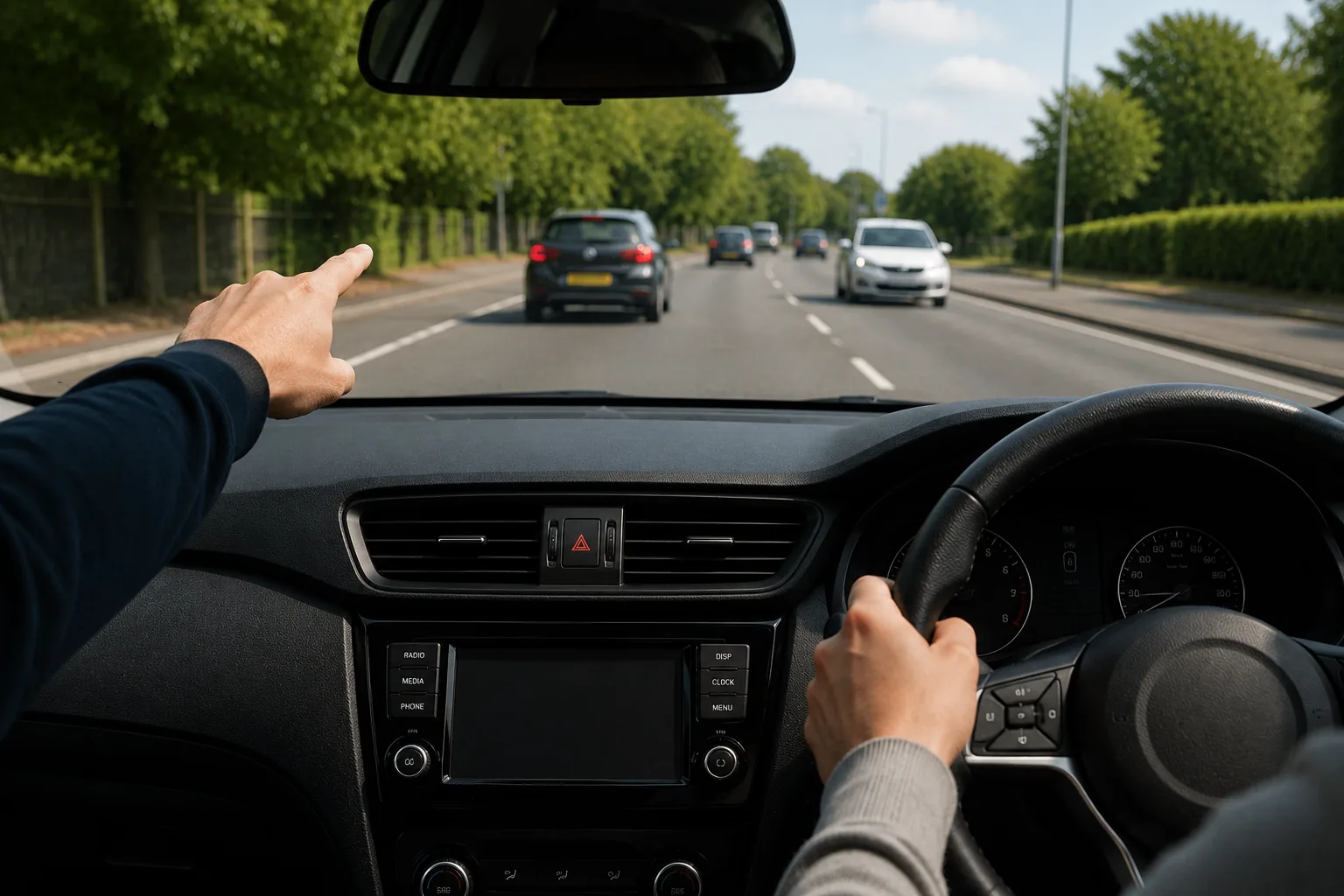 Instructor pointing out road hazards from the dual-control car during a DrivePro Midlands refresher driving lesson